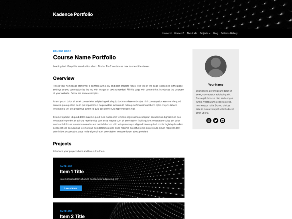 Screenshot of Kadence Portfolio 1: a white page with a dark starry banner, blue headings and a sidebar bio