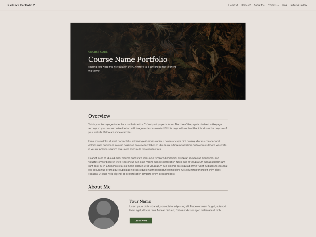 Screenshot of Kadence Portfolio 2: a warm sand-coloured page with a dark feathered banner and serif headings