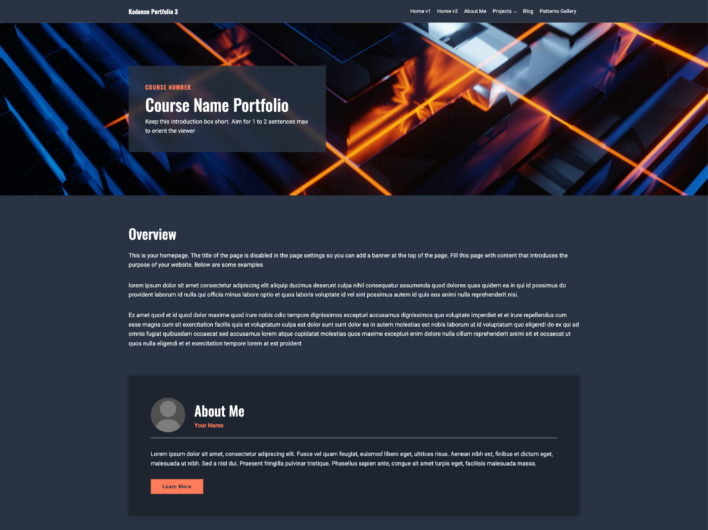 Screenshot of Kadence Portfolio 3: a dark navy page with a glowing orange and blue banner