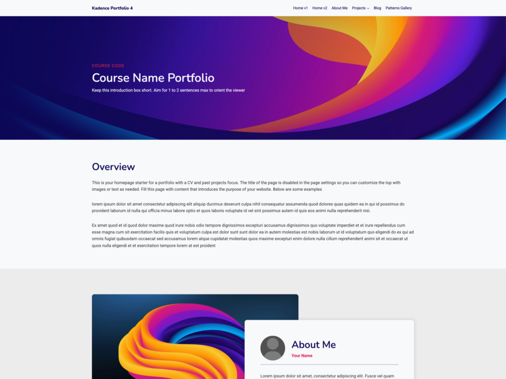 Screenshot of Kadence Portfolio 4: a bright page with a swirling magenta and violet banner