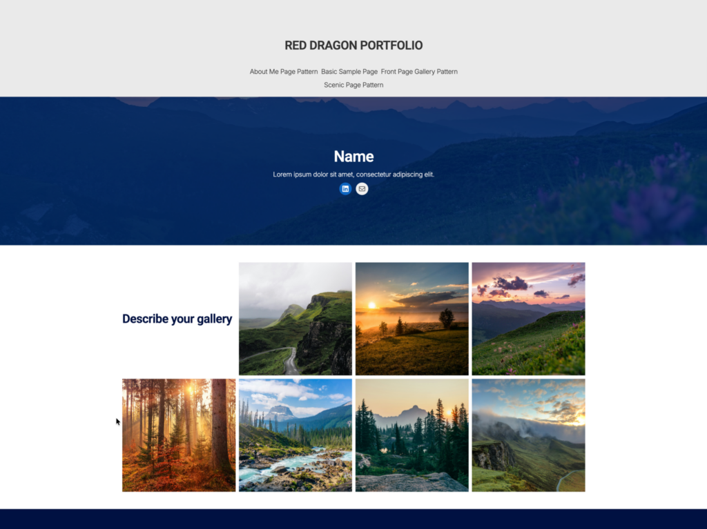 Screenshot of the Red Dragon Portfolio template: a blue mountain banner above a photo gallery